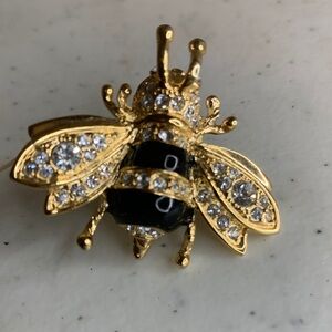 Gold Tone and Black Enamel Bee Brooch with Crystals